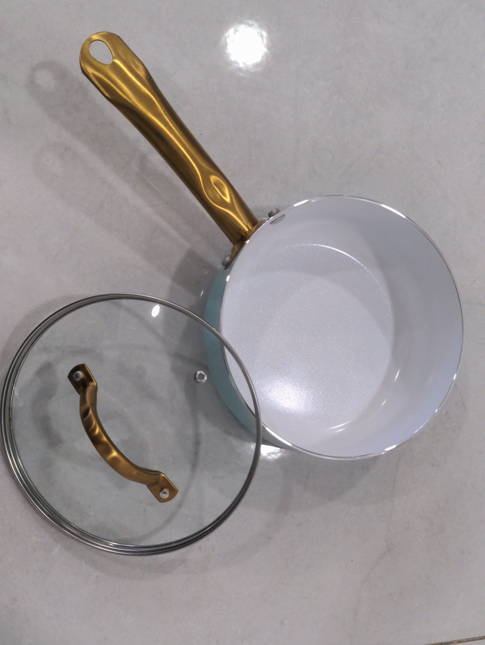 Ceramic-Interior Saucepan with Gold-Tone Handle - White Interior, Aqua Exterior